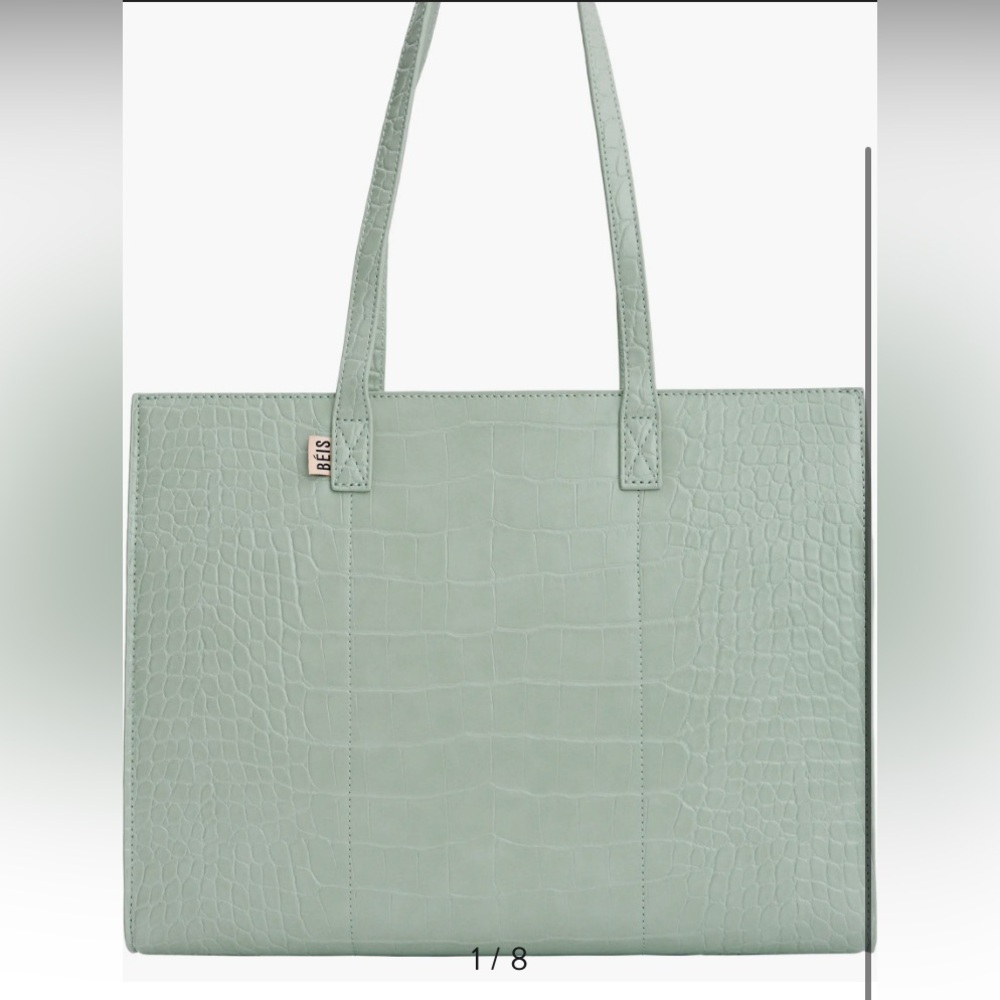 Beis The Work Tote Crocodile-Embossed Tote Bag sage green NWT